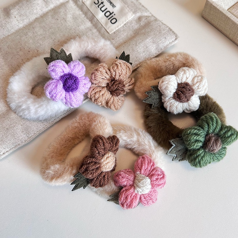 Women's Sweet Plush Flower Hair Tie Autumn Winter Accessory Beige