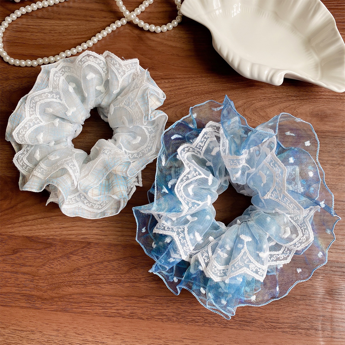 Women's Boho Summer Mesh Lace Bow Elastic Hair Tie Blue Heart Pattern