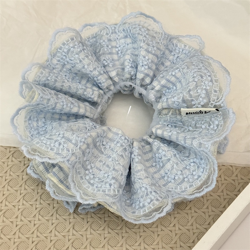 Women's All-Season Cloth Lace Scrunchies Hair Tie Beige Blue Plaid