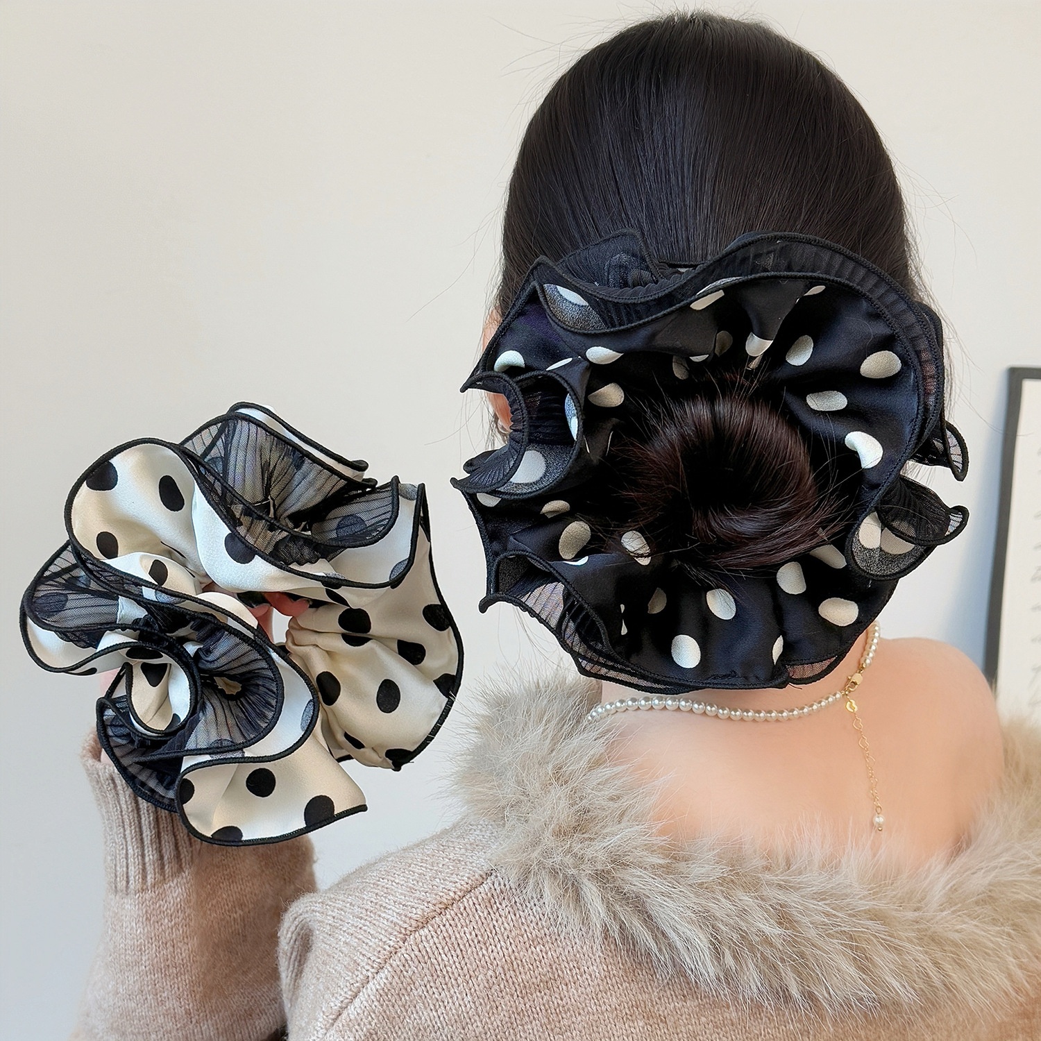 Women's All-Season Soft Gauze Scrunchie Hair Tie Black Polka Dots