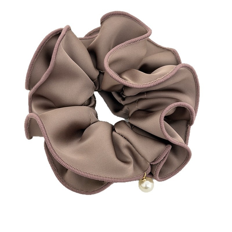 Women's Elegant Double-Layer Satin Flower Bow Hair Tie with Pearl Hanging Detail