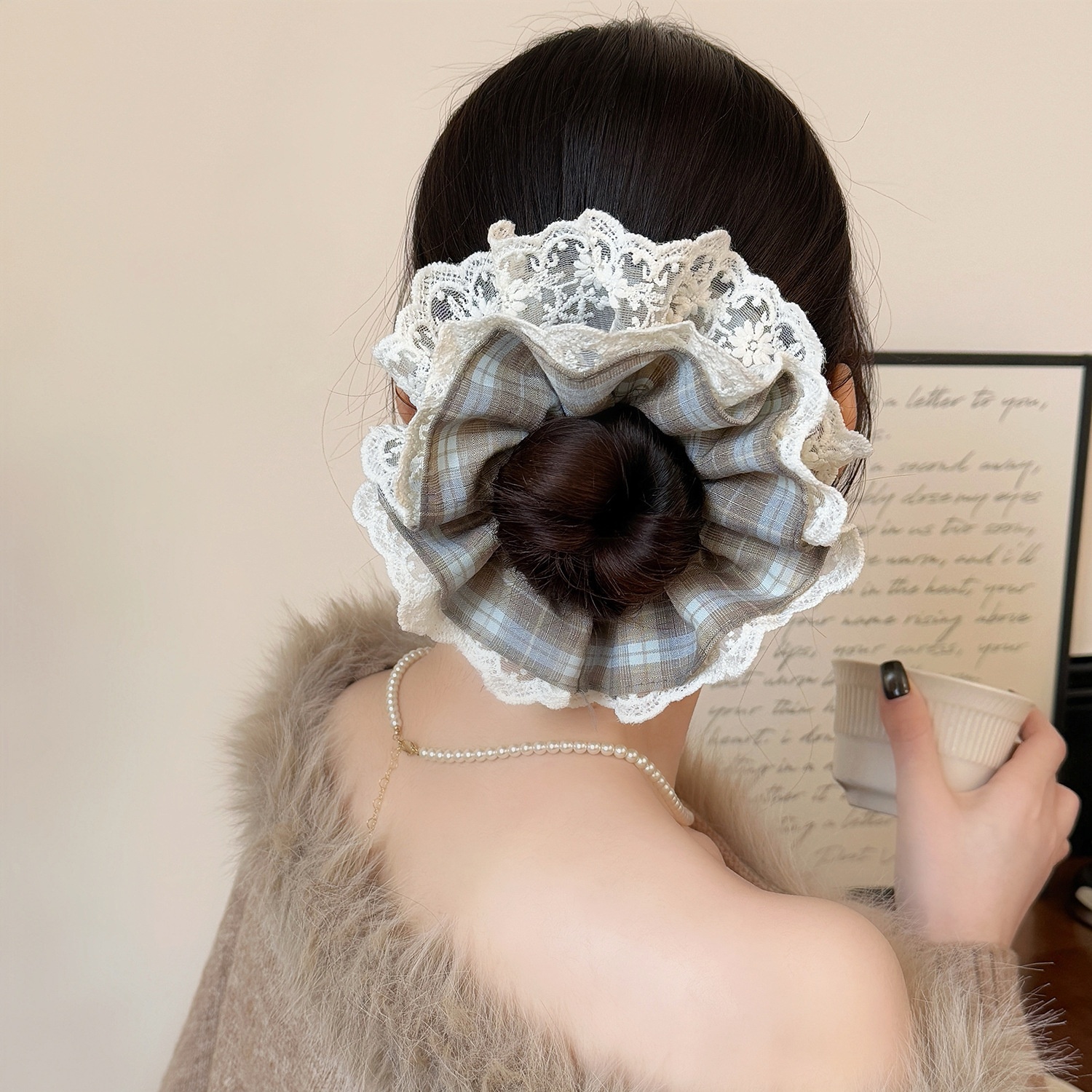 Women's Sweet Spring Casual Lace Hair Tie Accessory Coffee Plaid