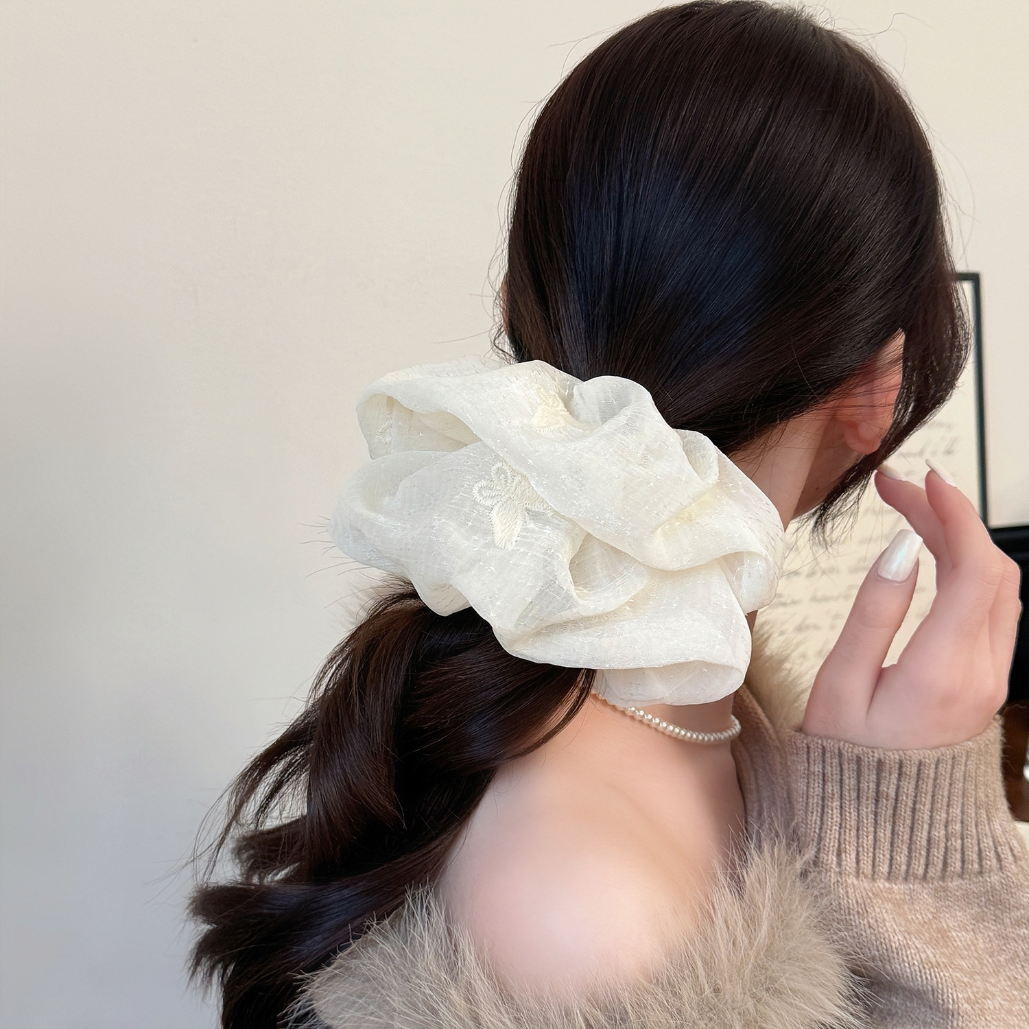 Women's Spring Soft Gauze Hair Tie Beige Floral Butterfly Embroidery