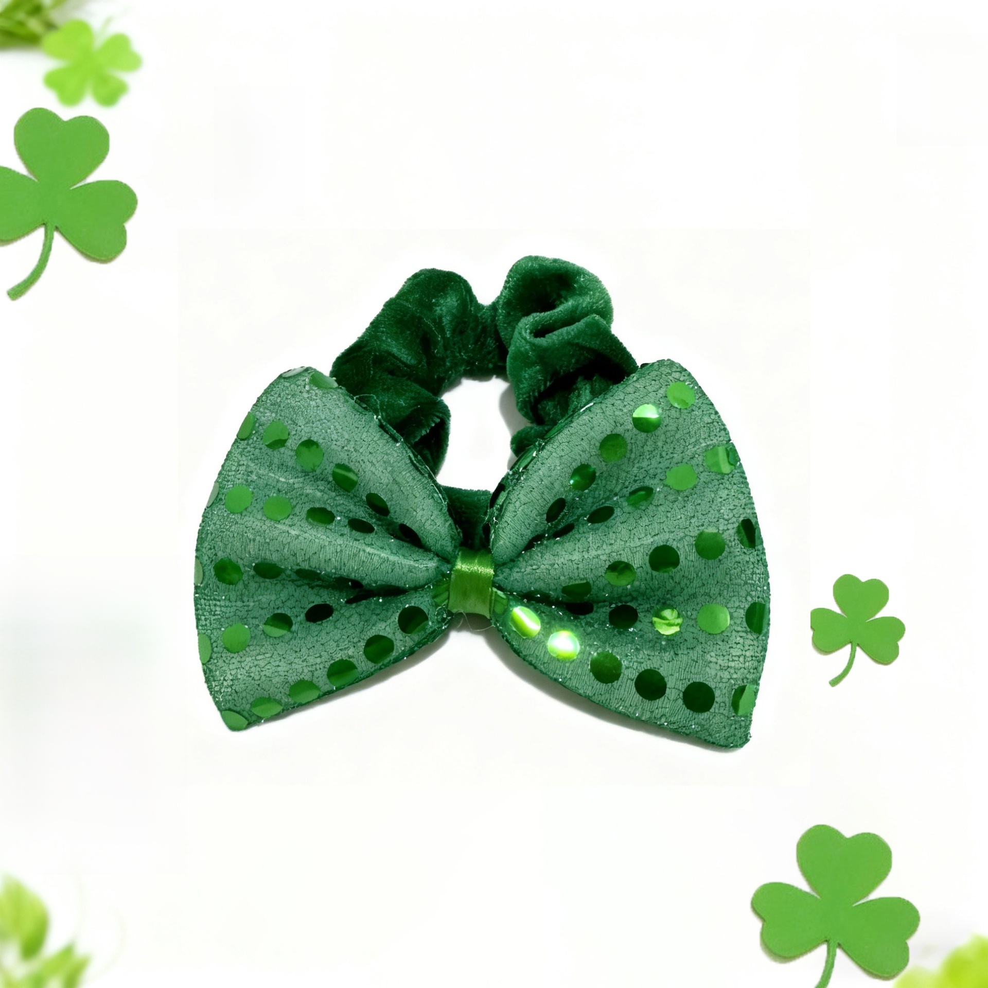 Women's St. Patrick's Day Velvet Hair Tie Green Clover Sequin Bow Knot
