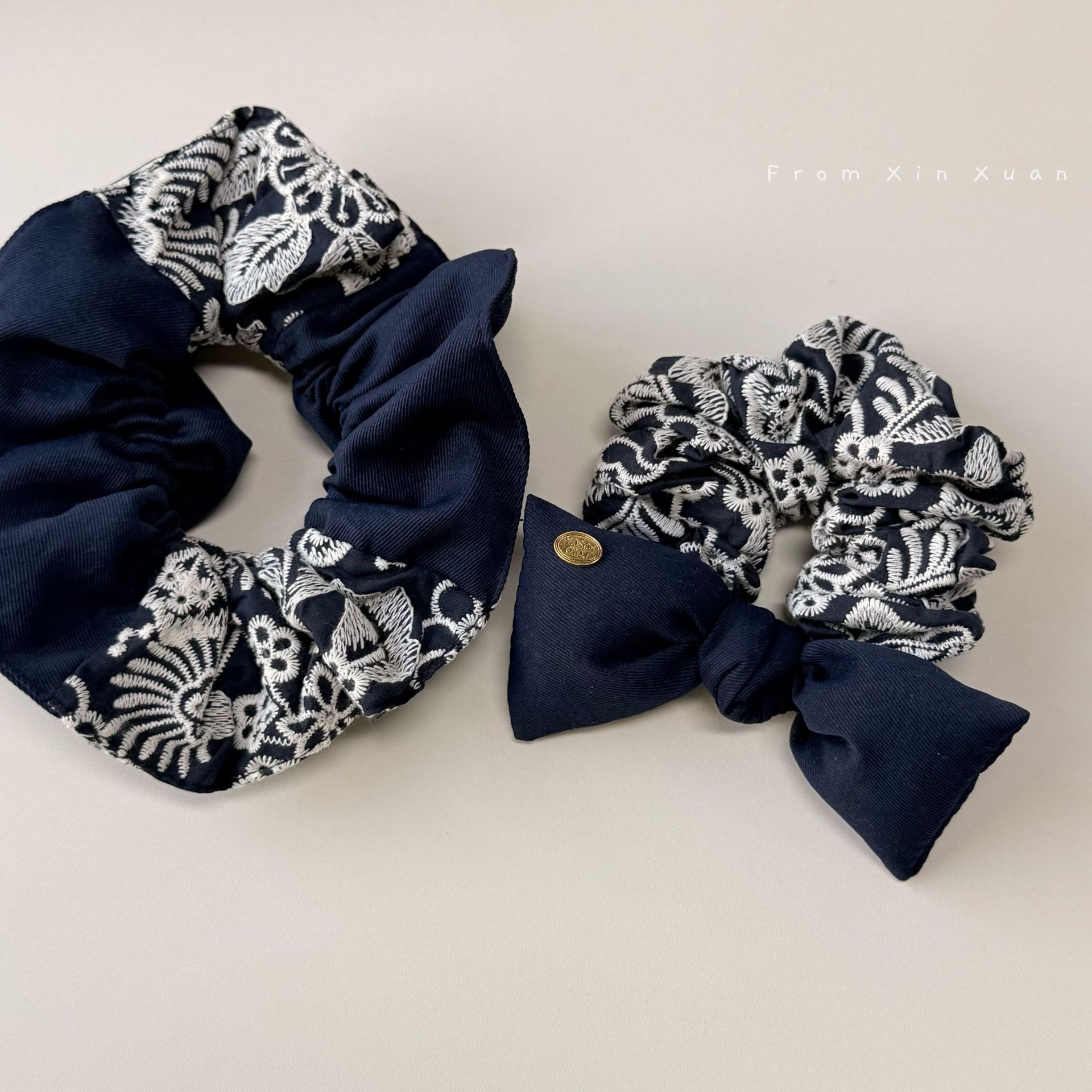 Women's Vintage Winter Cloth Bow Bun Hair Tie Embroidered Coffee Blue