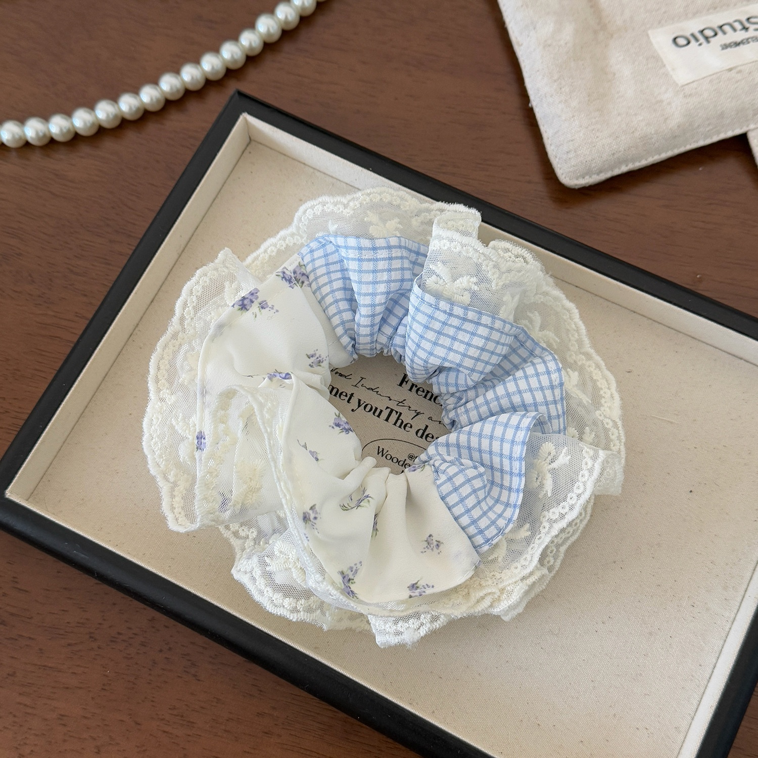 Women Spring Preppy Lace Fabric Hair Tie Scrunchie Blue Yellow Plaid