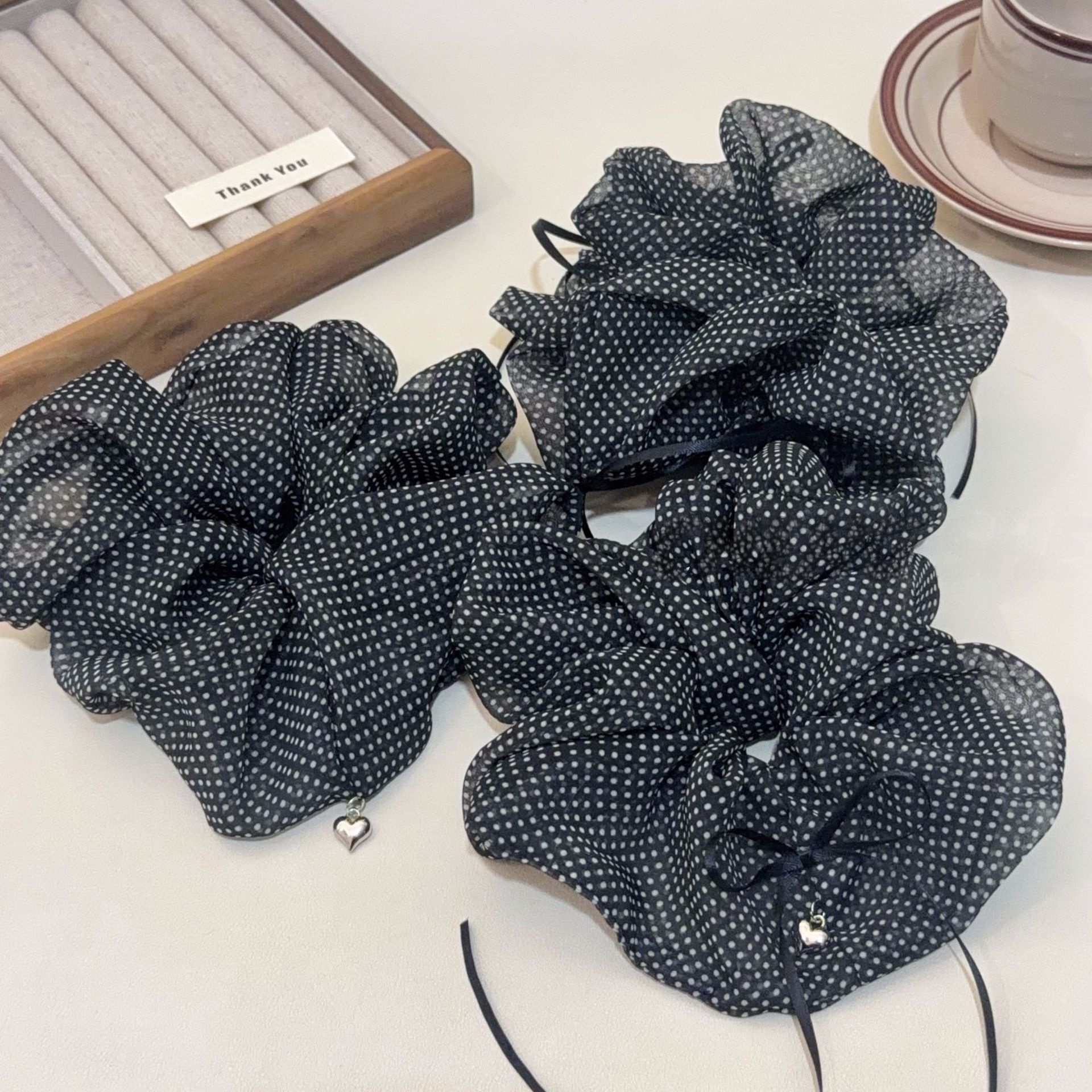 Women's All-Season Gauze Hair Scrunchie Beige Polka Dots Bow Knot