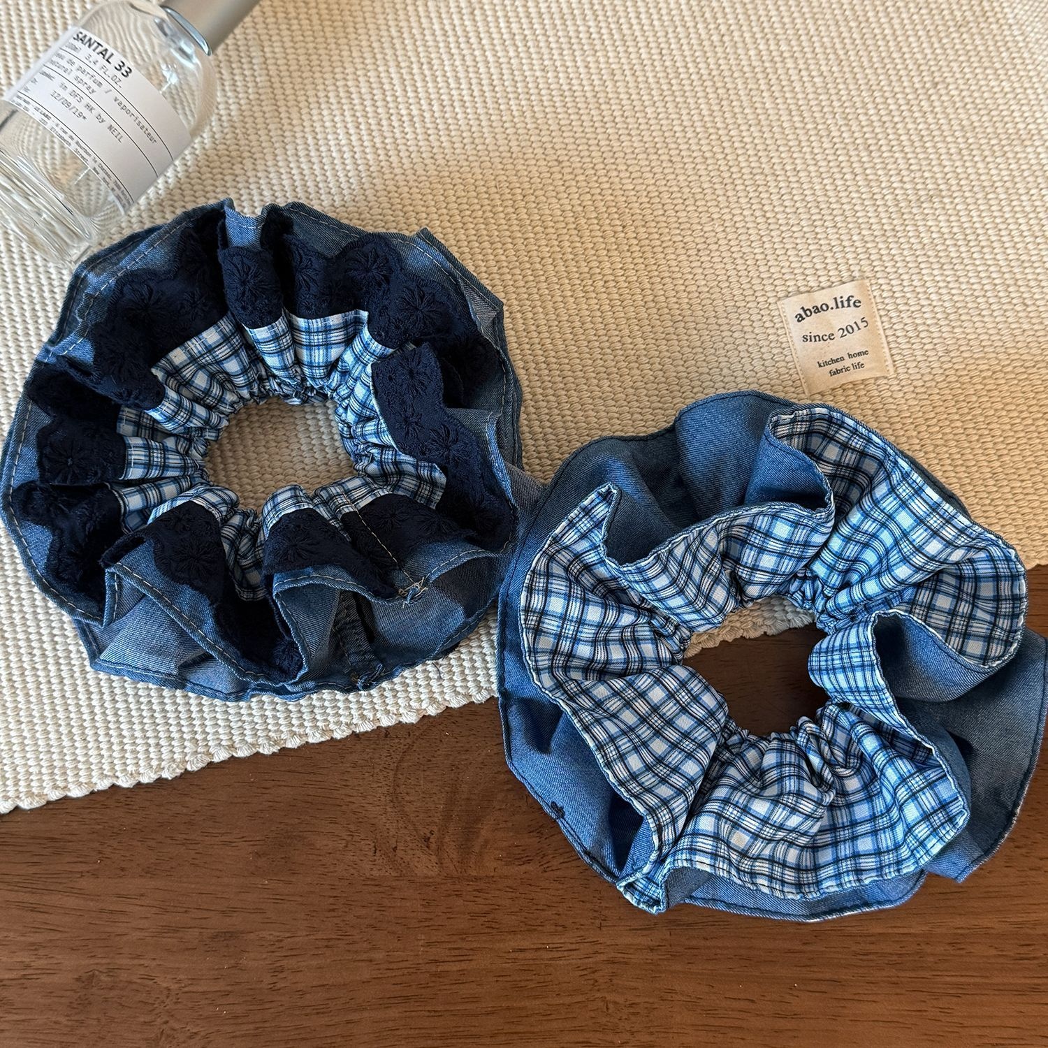 Women's Elegant Cloth Hair Scrunchie Double Layer Blue Plaid Lace