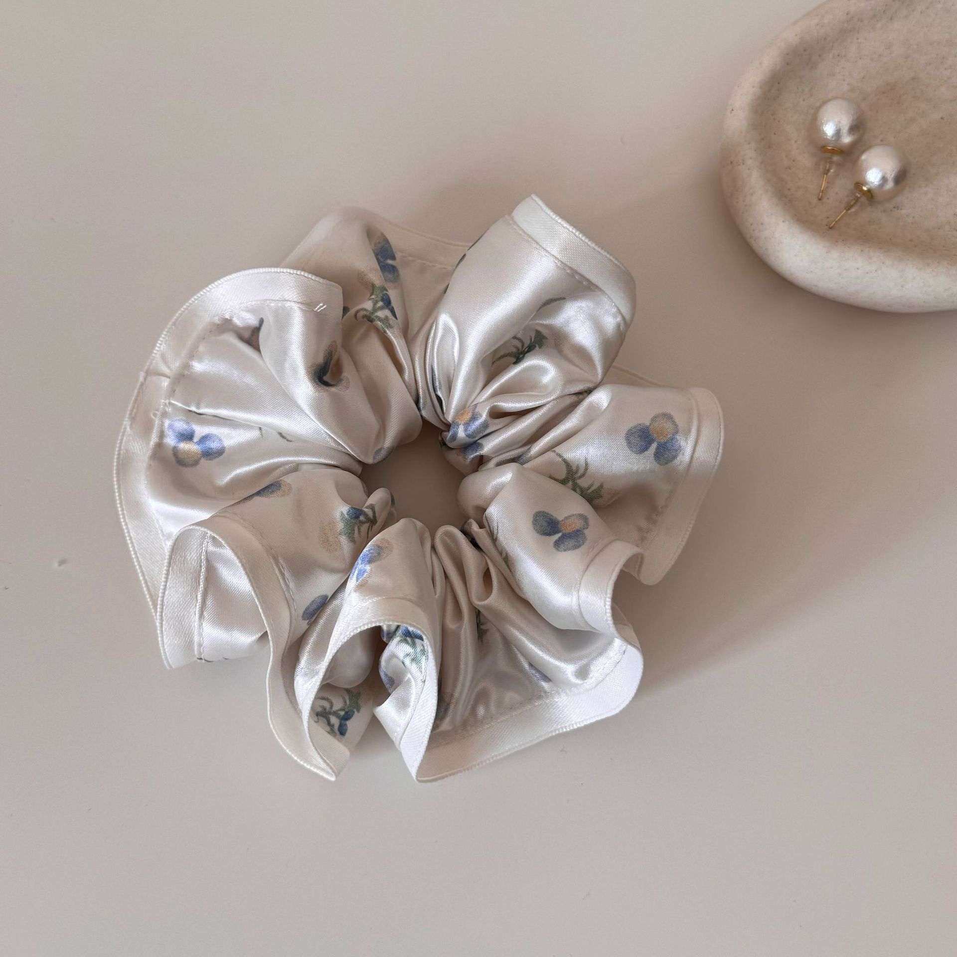 Women's Sweet Daily Satin Hair Tie Scrunchie Blue Flower Print