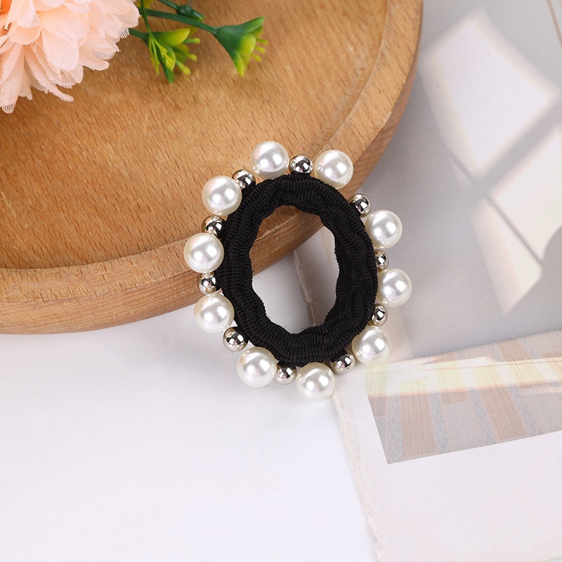 Women's Elegant Pearl Seamless Towel Hair Tie Solid Black Elastic Hair Band