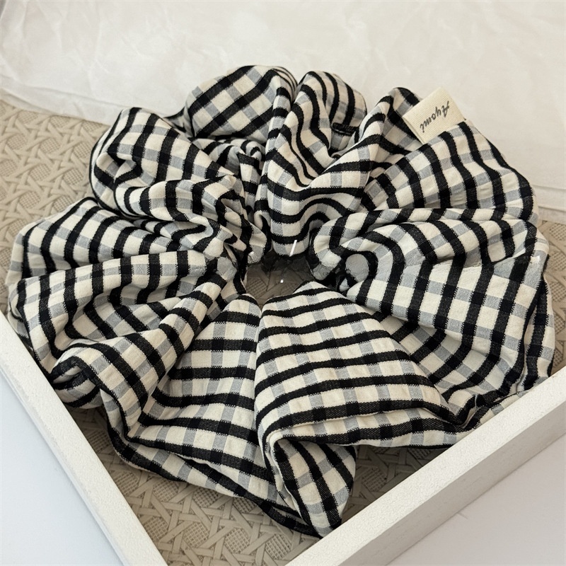 Women's All Season Cloth Scrunchie Hair Tie Black White Plaid Stripe