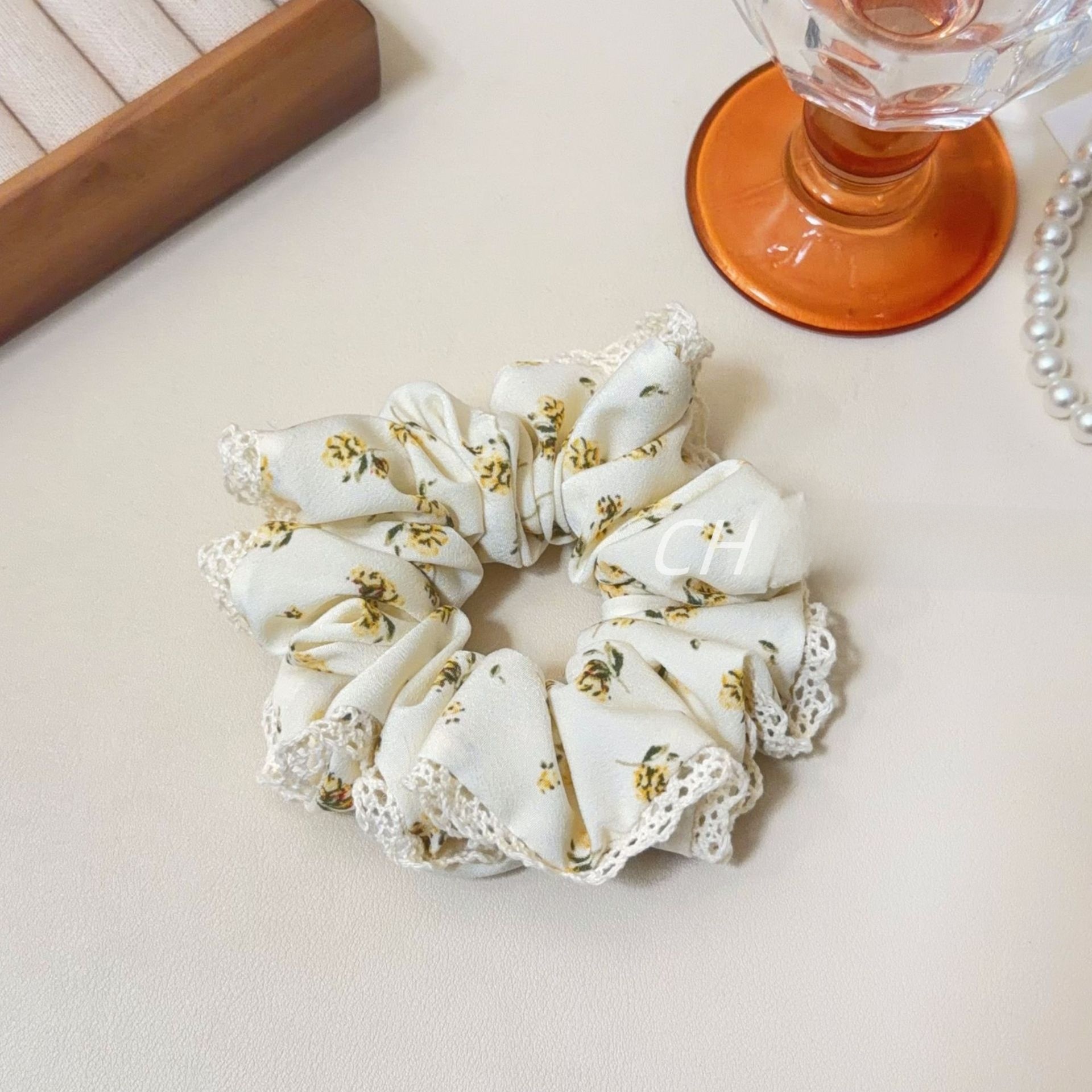 Women's Elegant Spring Pearl Gauze Hair Tie Accessory Beige Lace