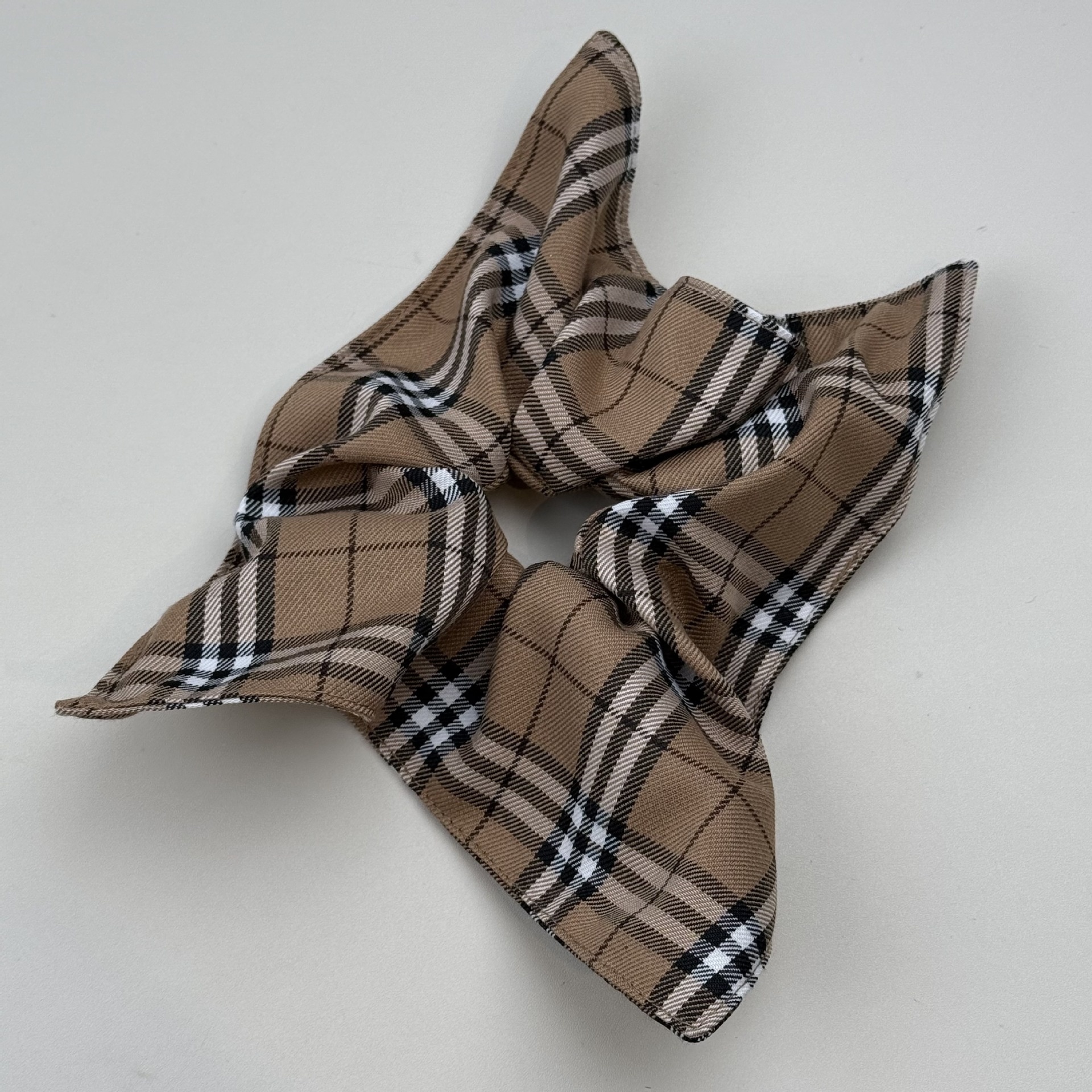 Women's Elegant Scarf Hair Tie Premium Bun Band Plaid Coffee Beige