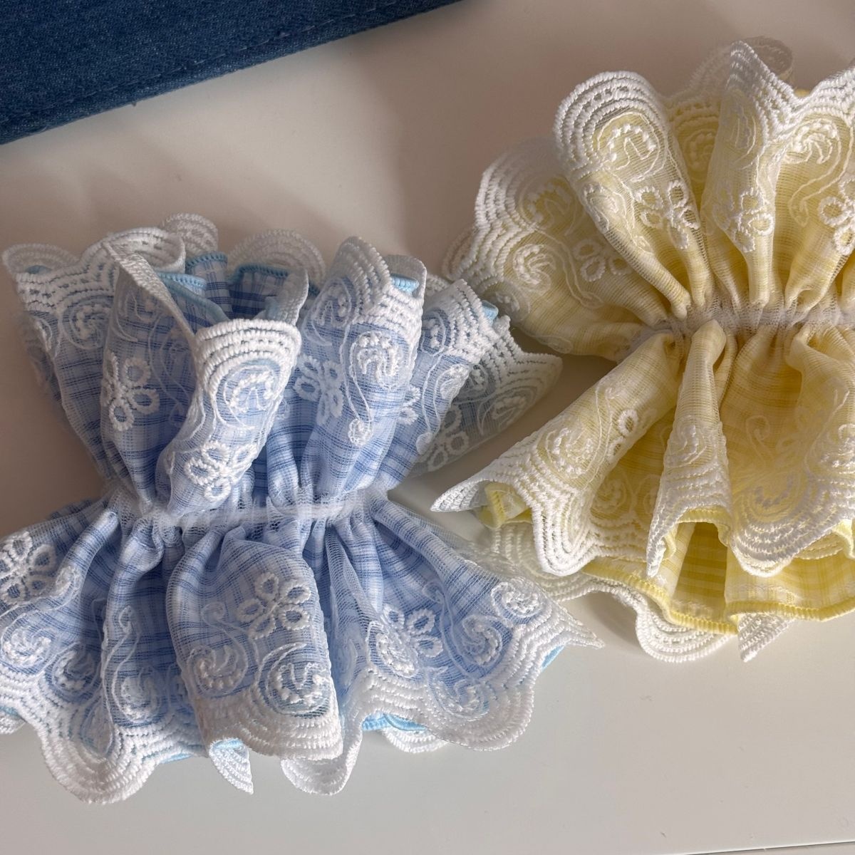 Women's Stylish Cloth Hair Tie Ponytail Holder Blue Yellow Plaid Lace