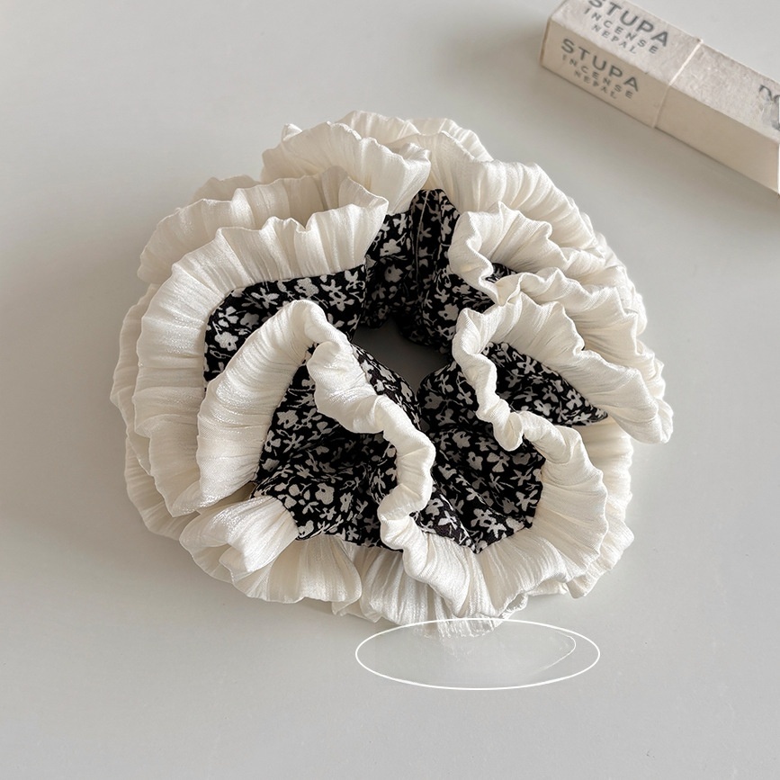 Women's Spring Pearl Trim Cloth Hair Scrunchie Beige Black Ditsy Floral