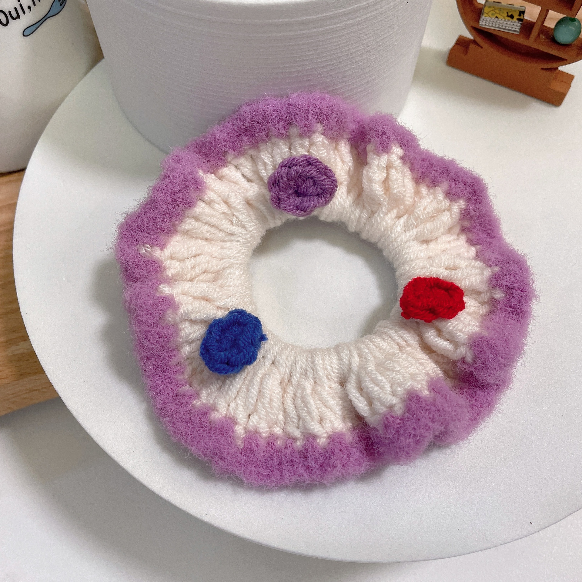 Girls Winter Hand Knitted Flannel Scrunchie Hair Tie Solid Color
