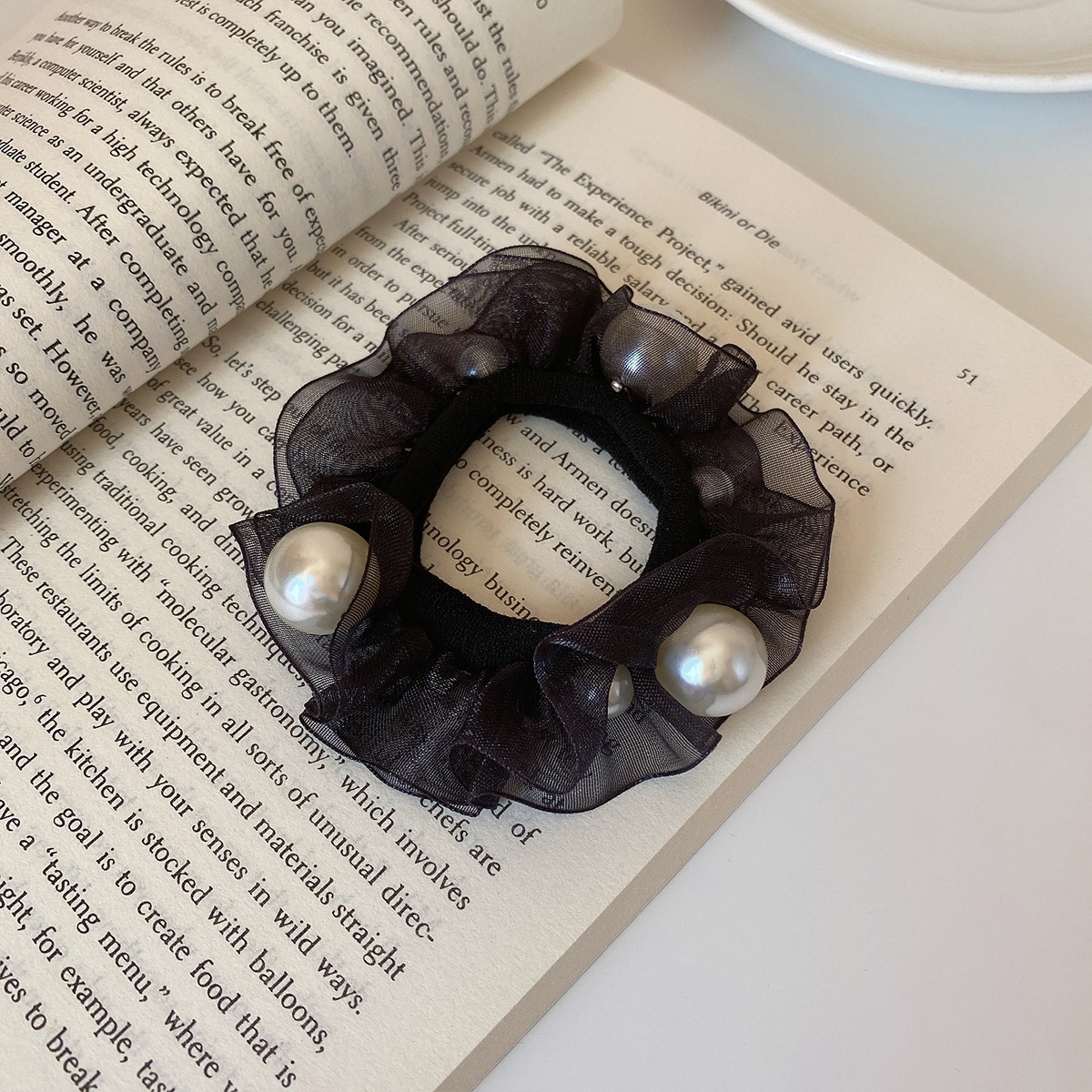 Women's Everyday Gauze Pearl Hair Ties 5-Piece Set Black Bow Knot