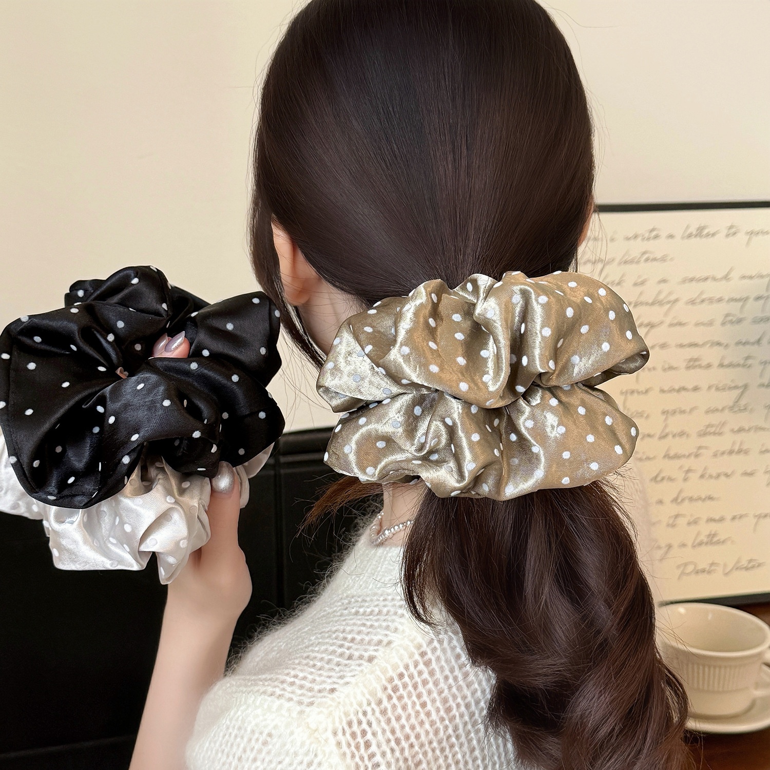 Women's High-End Cloth Ponytail Hair Ties Flocking Polka Dot
