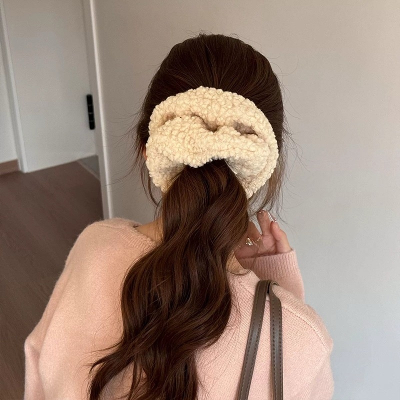 Women's Fluffy Lamb Wool Bow Hairband Winter Warm Hair Tie Solid Color