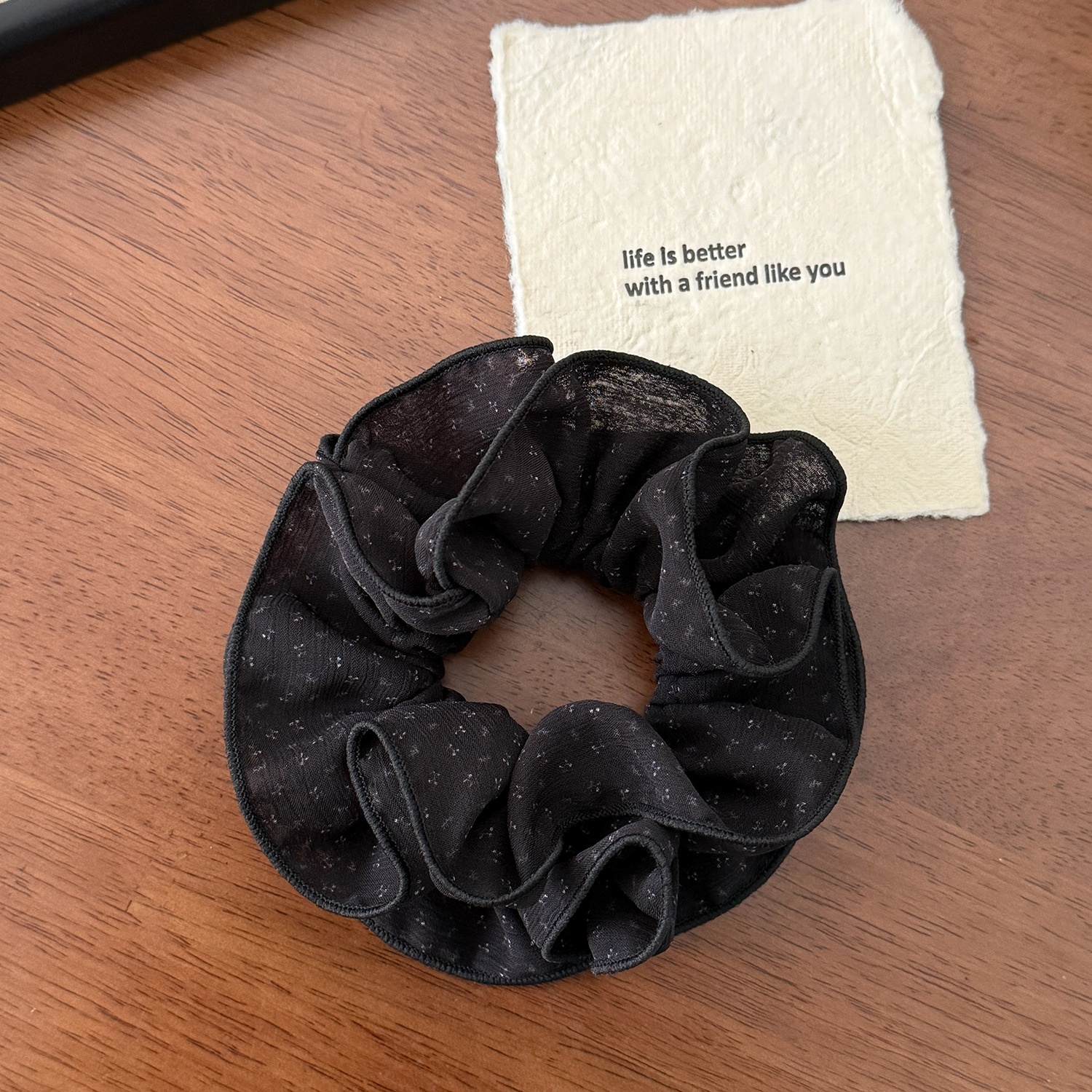 Women's All-Season Elastic Gauze Hair Tie Scrunchie Black Polka Dot