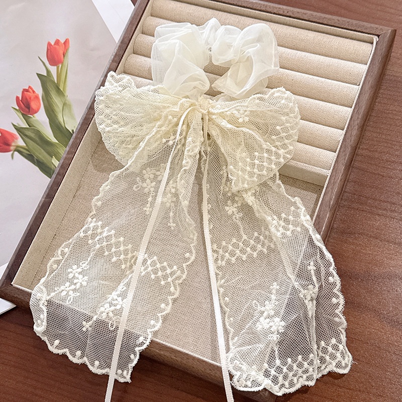 Women's Elegant Banquet Oversized Lace Elastic Hair Tie White Floral