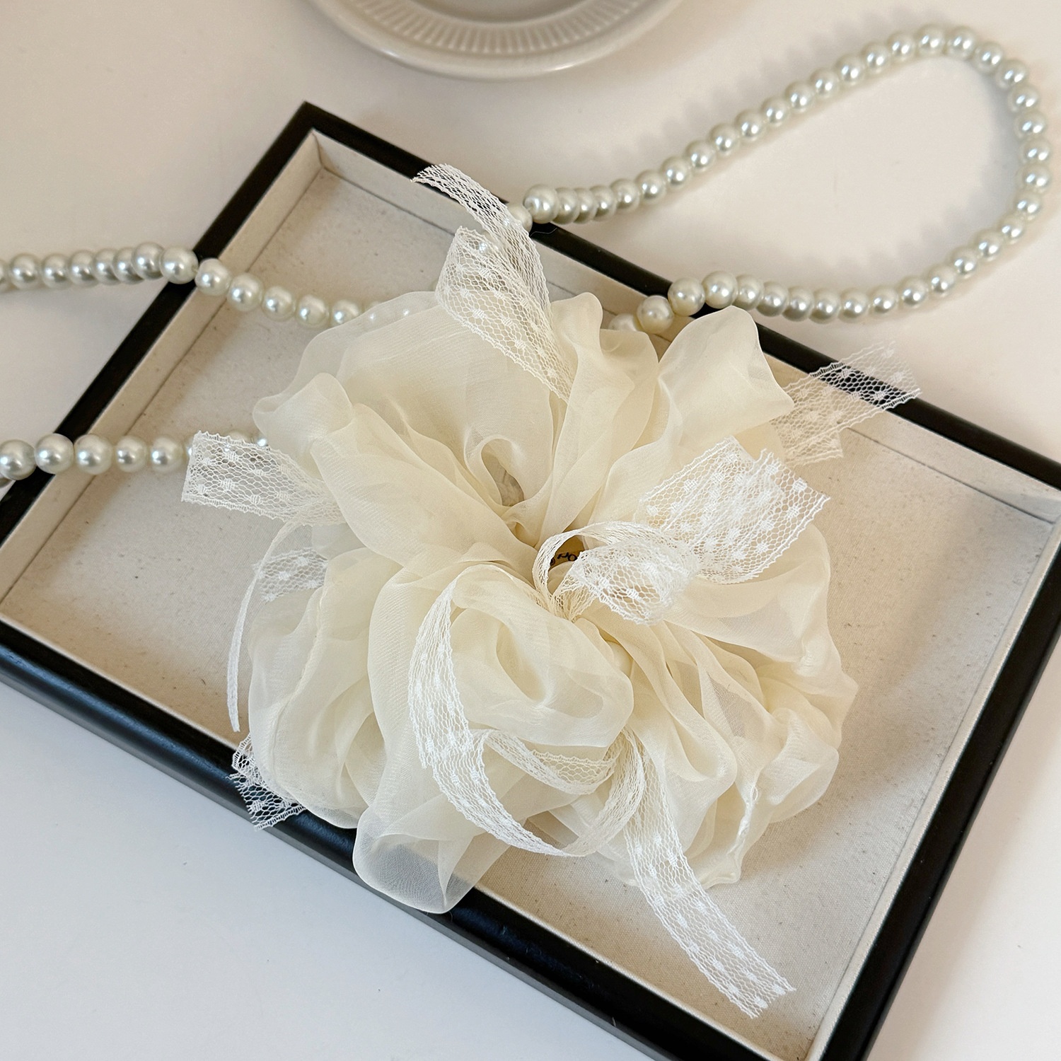 Women's French Style Summer Organza Hair Tie in Beige, Pink, Black