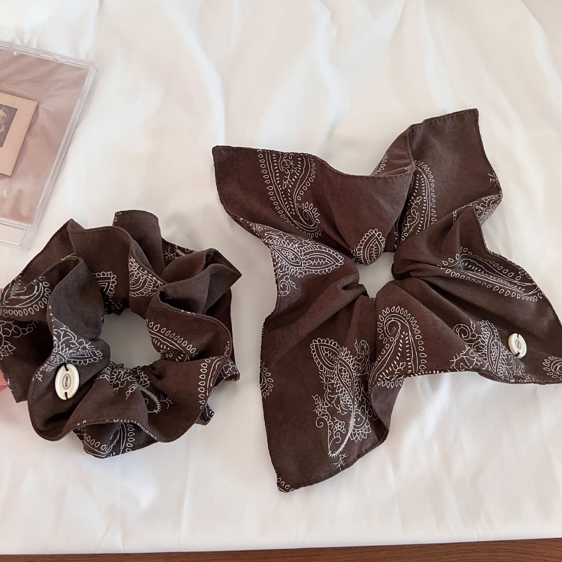 Women's Autumn Soft Cloth Telephone Cord Hair Tie Coffee Floral