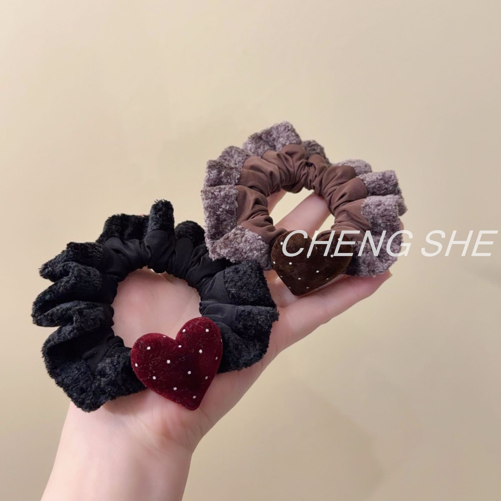 Women Winter Velvet Scrunchie Polka Dots Dark Coffee Elastic Hair Tie