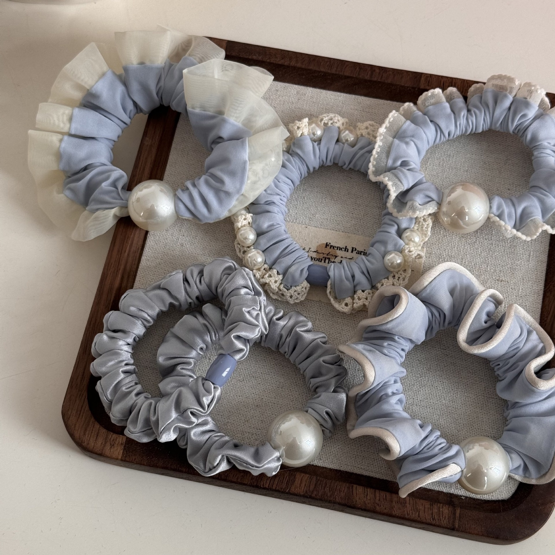 Women's Spring Satin Artificial Pearl Hair Tie Rubber Band Blue