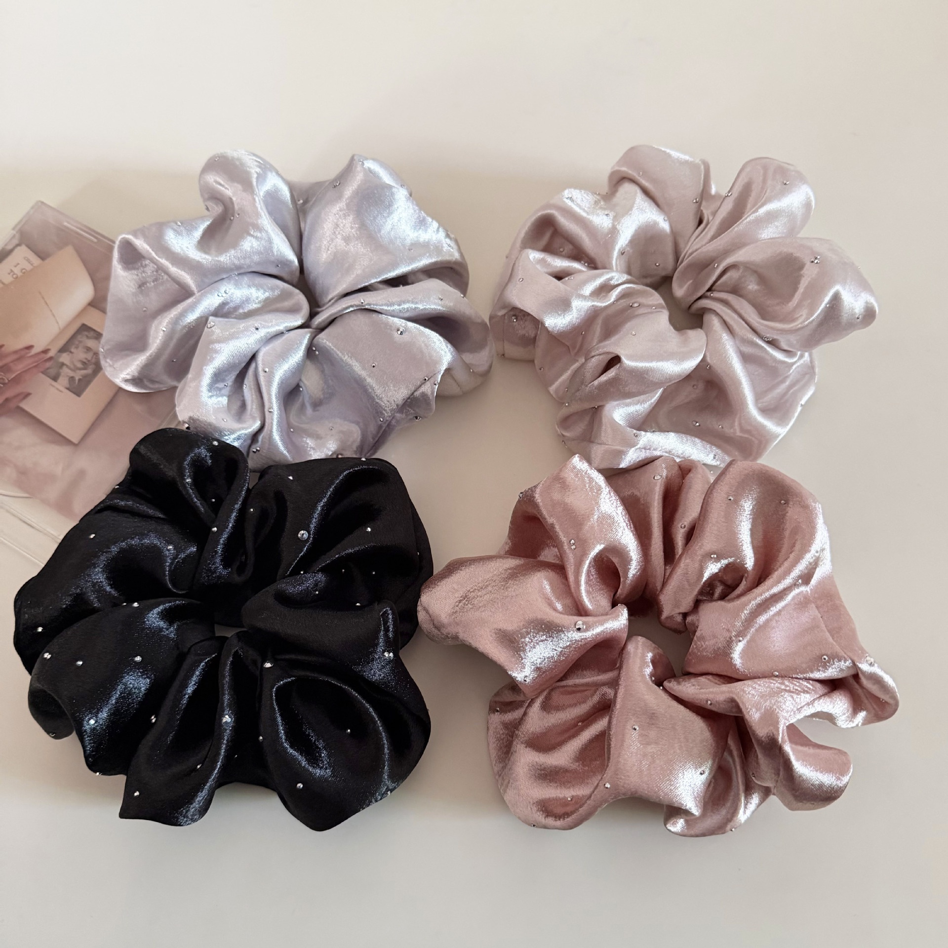 Women's French Satin Rhinestone Starry Scrunchie Hair Tie Solid Color