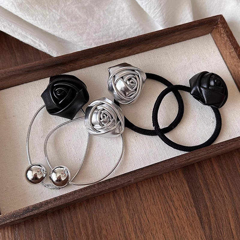 Women Durable Cloth Hair Bun Tie All Seasons Rose Flower Black Silver