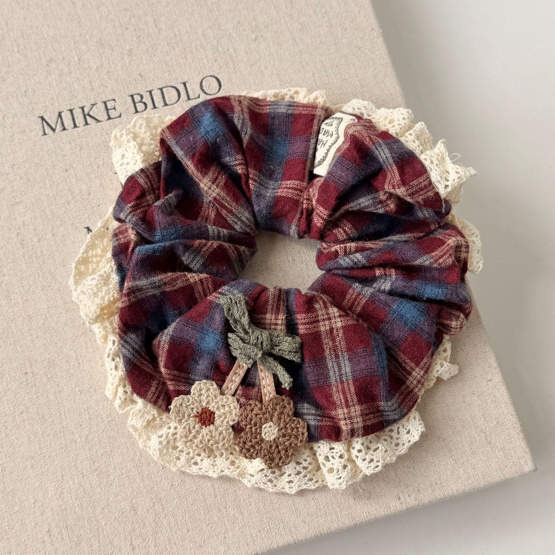 Women's Retro Red Plaid Hair Ties Sweet Early Autumn Embroidered Lace Bands