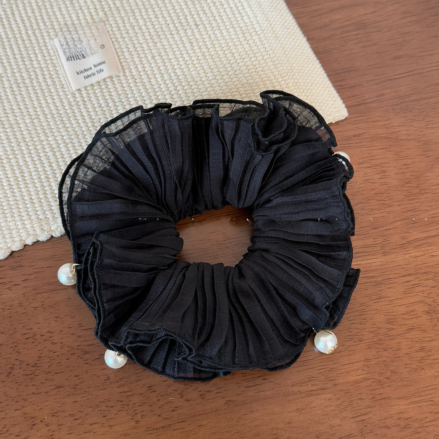 Women Summer Fairy Pearl Mesh Flower Scrunchie Hair Tie Solid Color