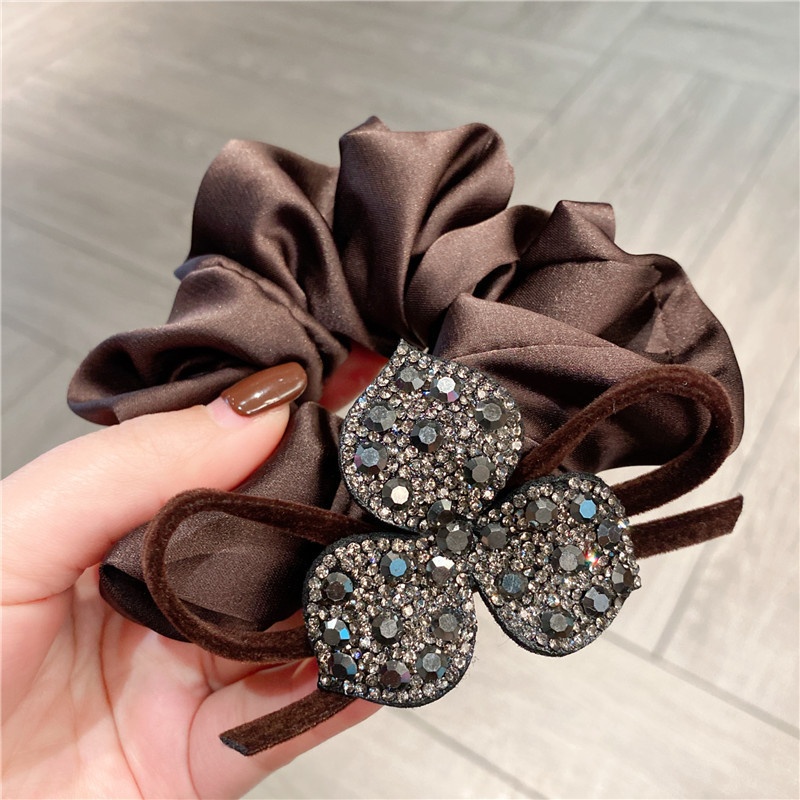 Women's French Retro Bowknot Rhinestone Flower Hair Tie Coffee Black