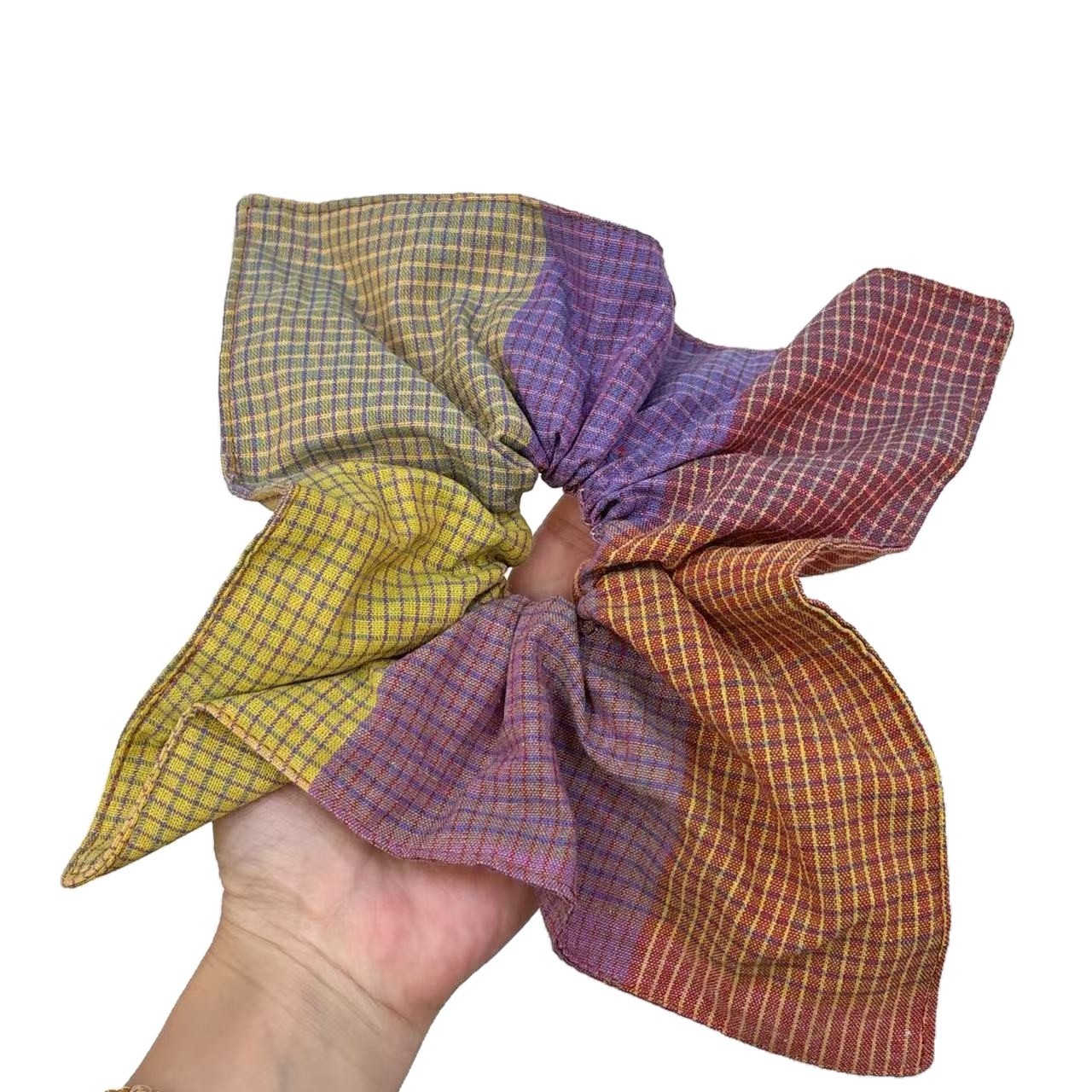 Women's Fabric Scarf Ponytail Hair Tie Artistic Red Purple Plaid