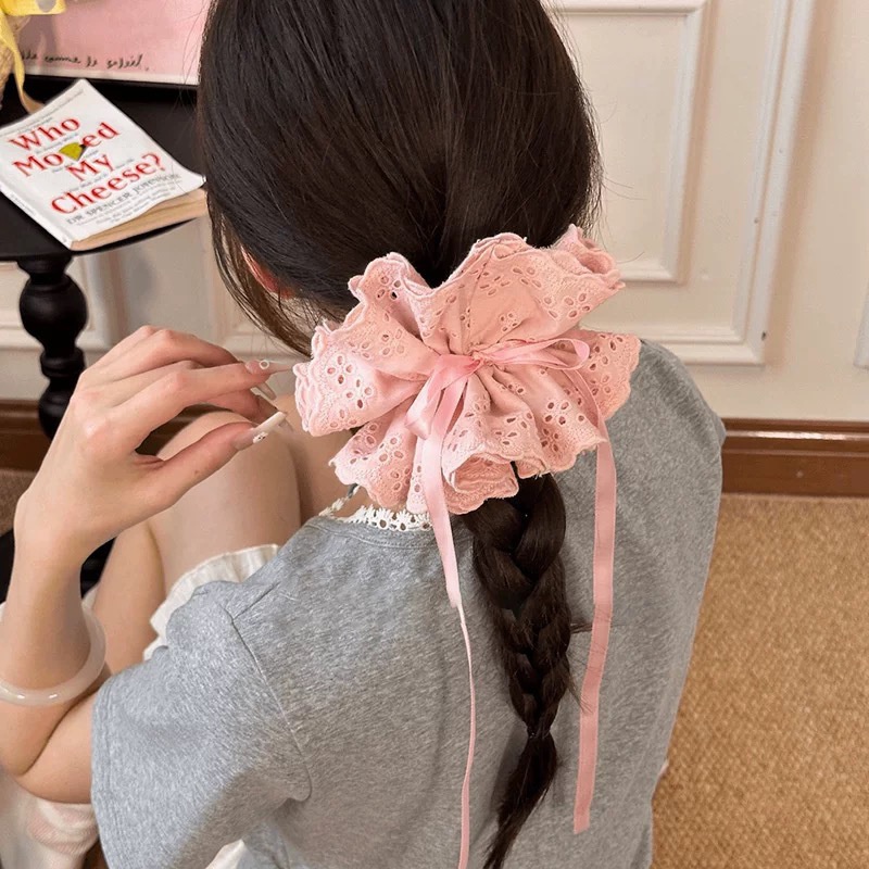 Women's Elegant Banquet Oversized Lace Elastic Hair Tie White Floral