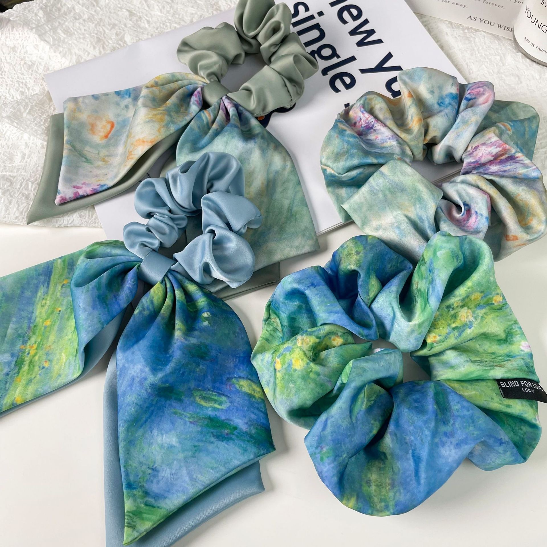 Women's Cloth Ponytail Hair Scrunchies French Vintage Monet Water Lilies