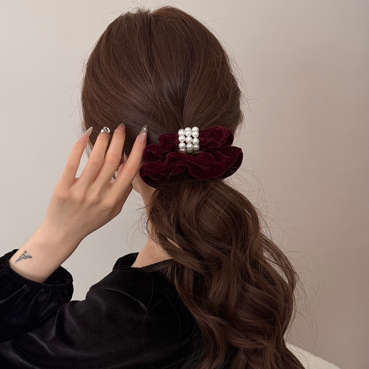 Handmade Pearl Velvet Shiny Autumn Winter Hairband Headband Multifunctional Elastic Hairband Princess