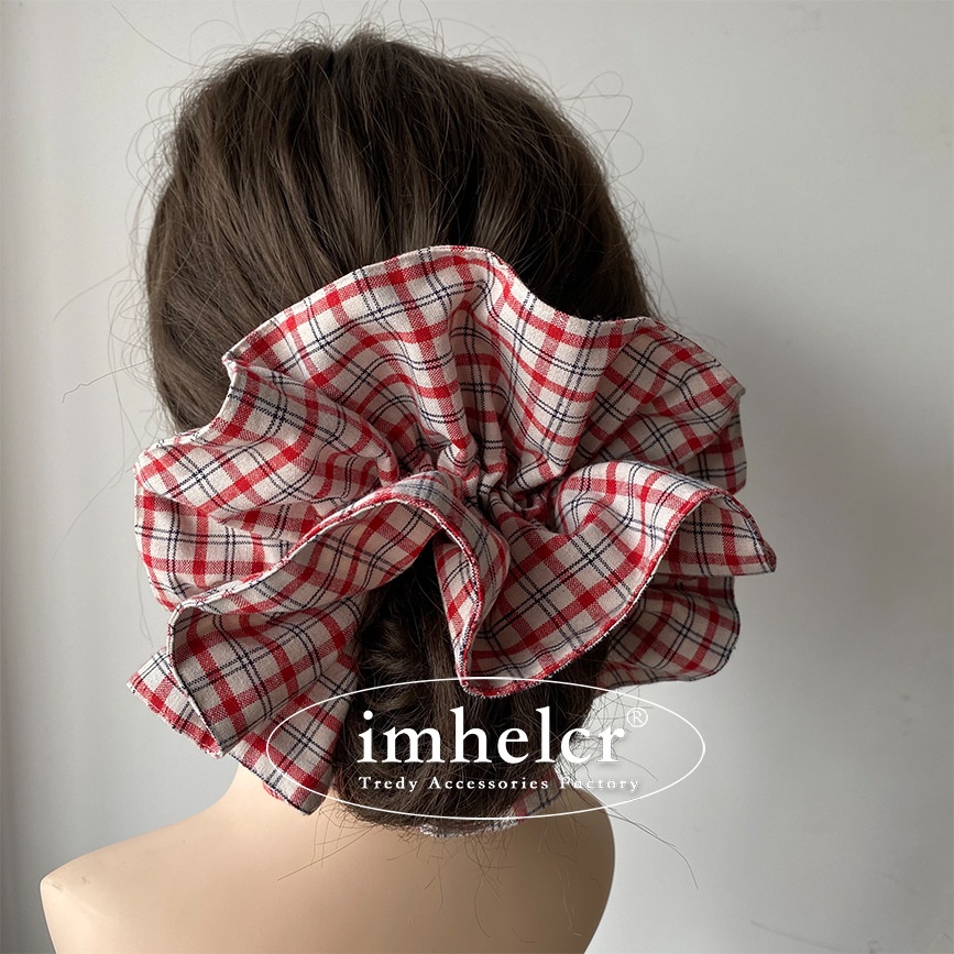 Women's Heavy Duty Cloth Bow Ponytail Hair Tie For Ballet Wine Red Plaid