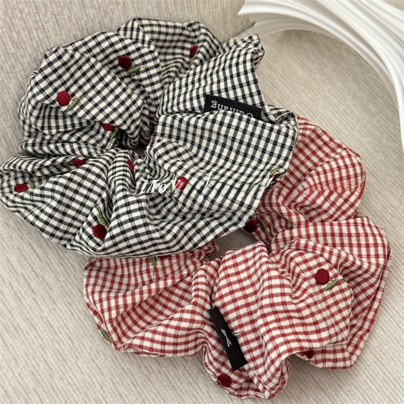 Women's Daily Cloth Scrunchies Hair Ties Red Black Cherry Checkered
