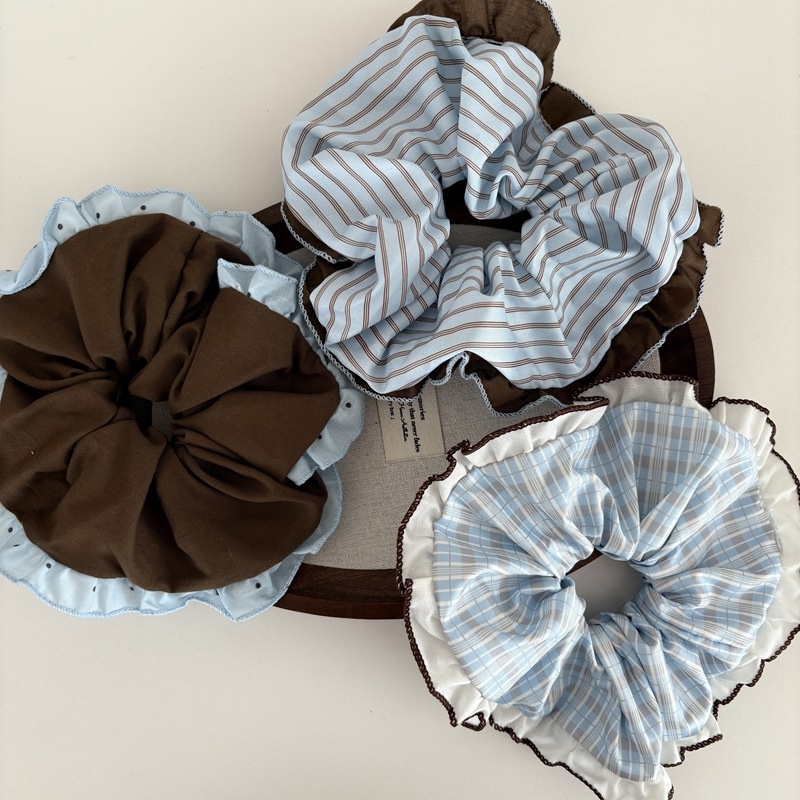 Women's Cloth Lace Scrunchie Ponytail Holder Blue Coffee Striped Plaid