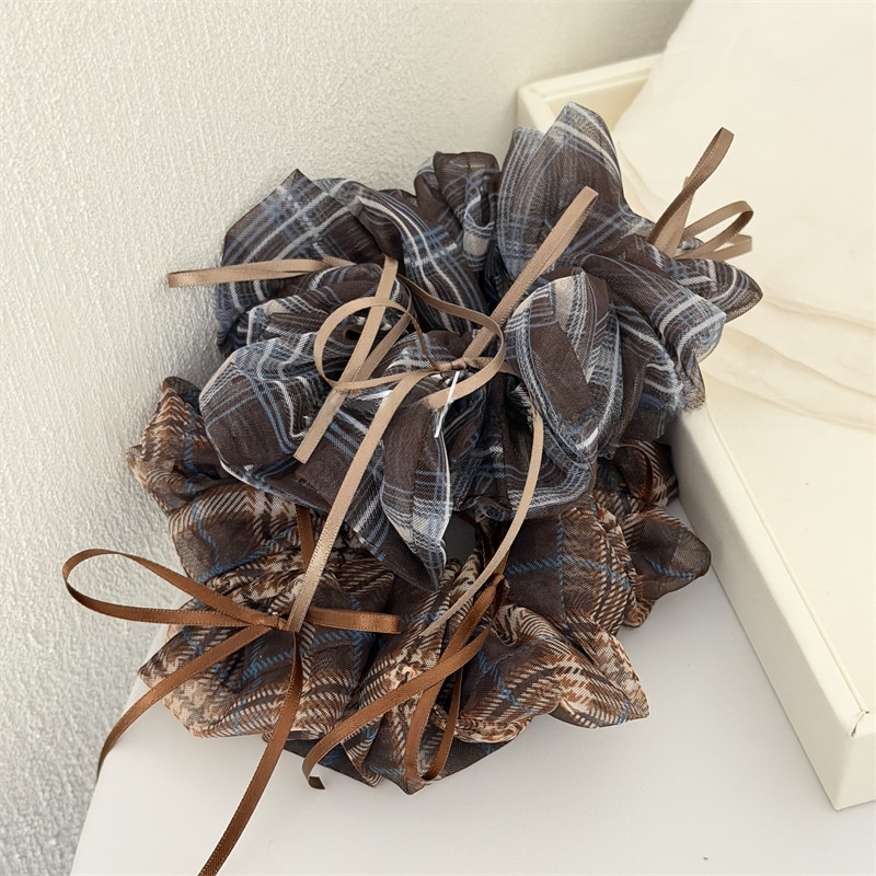 Women's Soft Gauze Bowknot Hair Tie For Daily Wear Coffee Plaid