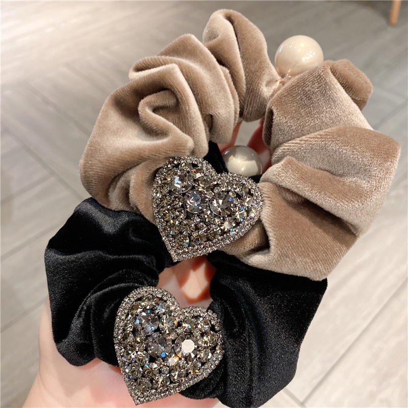 Ladies Velvet Lazy Low Bun Hairband Rhinestone Heart Bow Khaki Black
