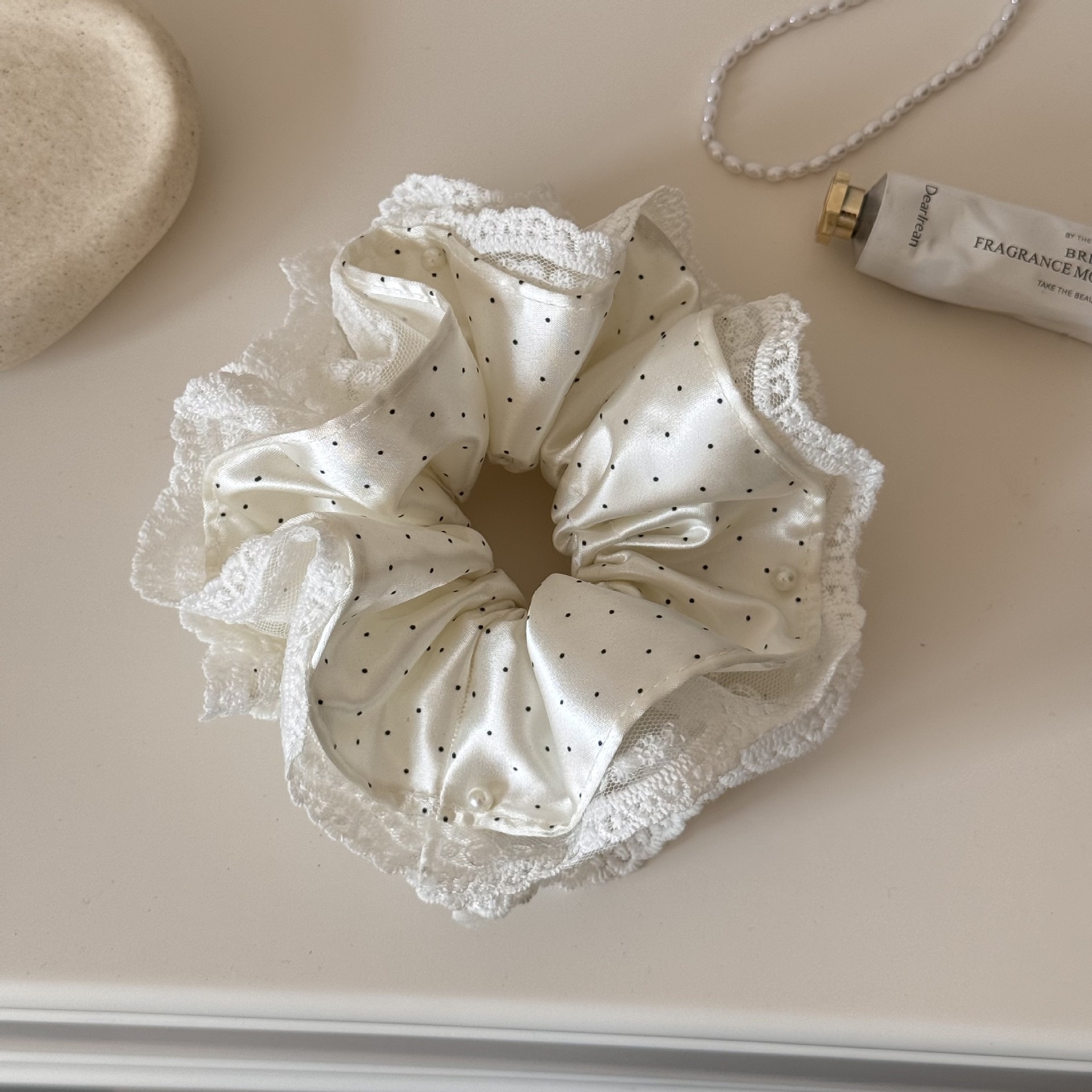 Women's Sweet Spring Satin Lace Hair Tie Scrunchie Beige Polka Dots