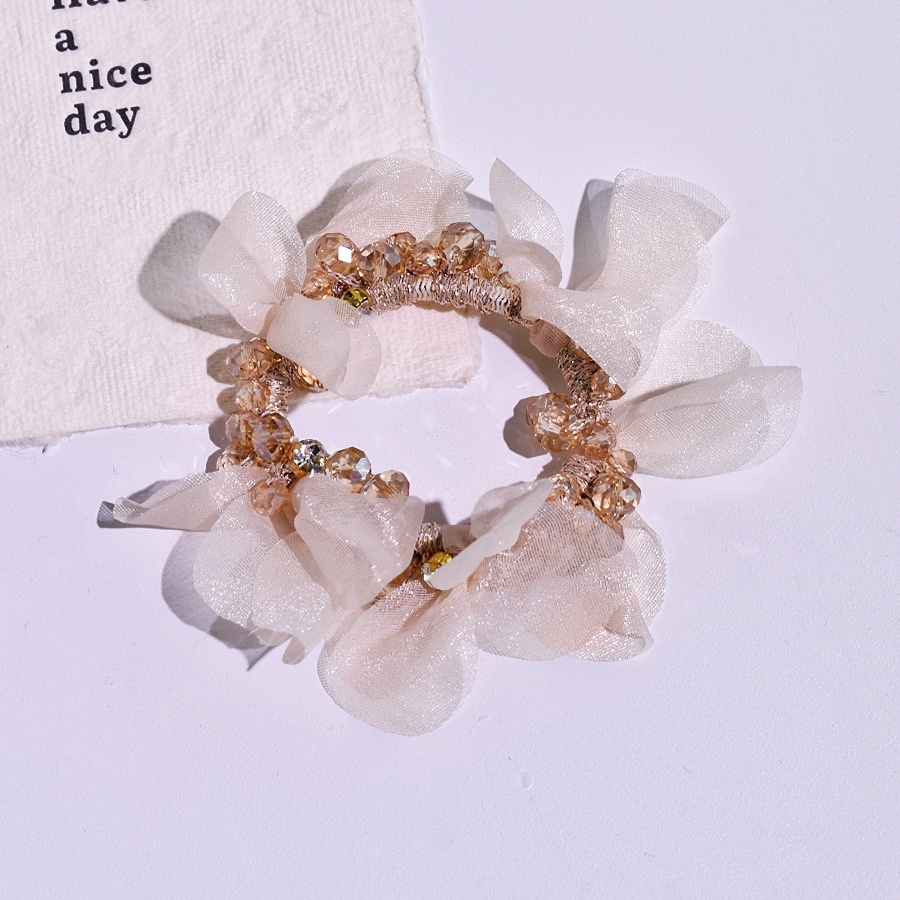 Women's Fairy Crystal Petal Hair Ring Organza Ponytail Tie Black Champagne