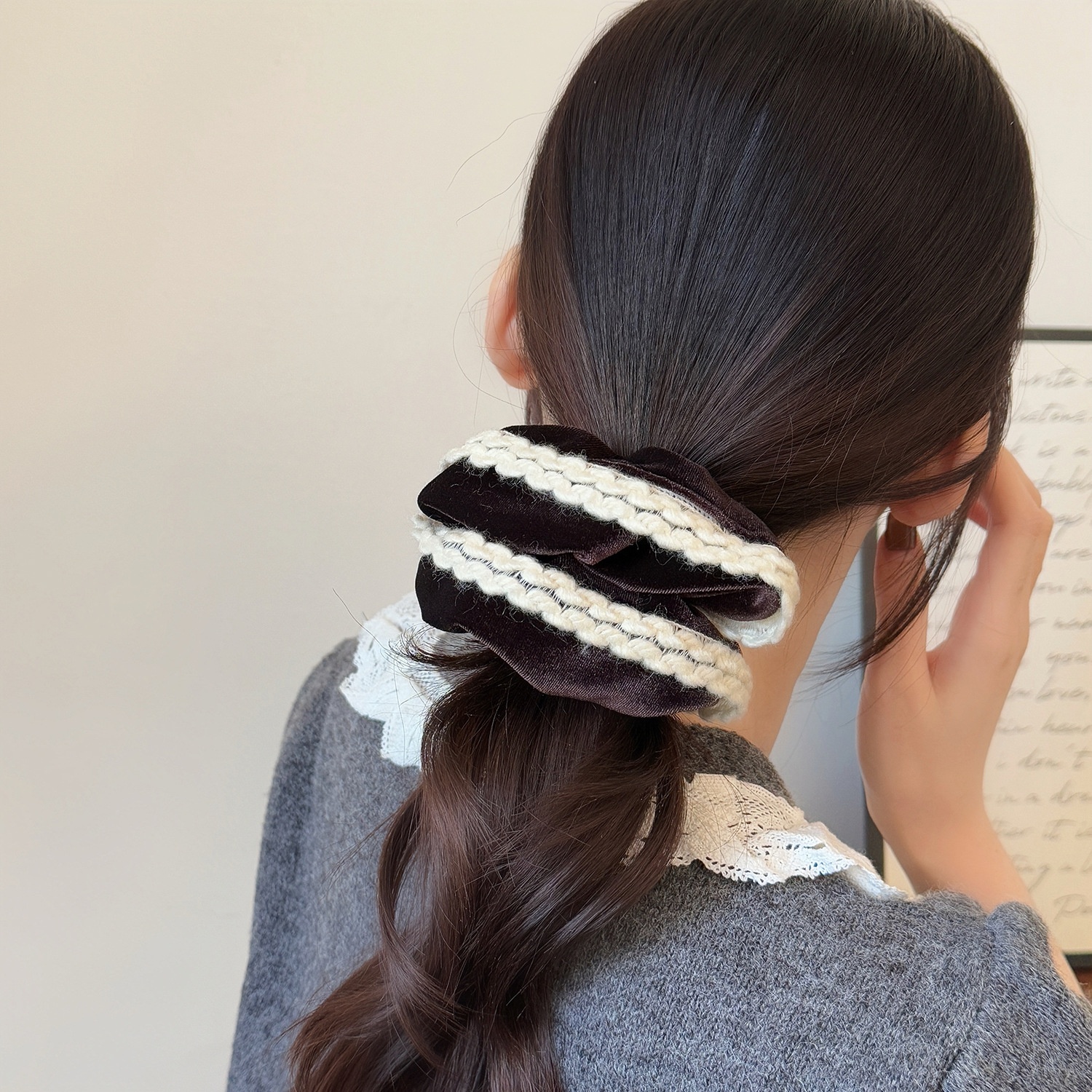 Women's Elegant Velvet Lace Hair Tie for Buns and Ponytails Coffee Red Black