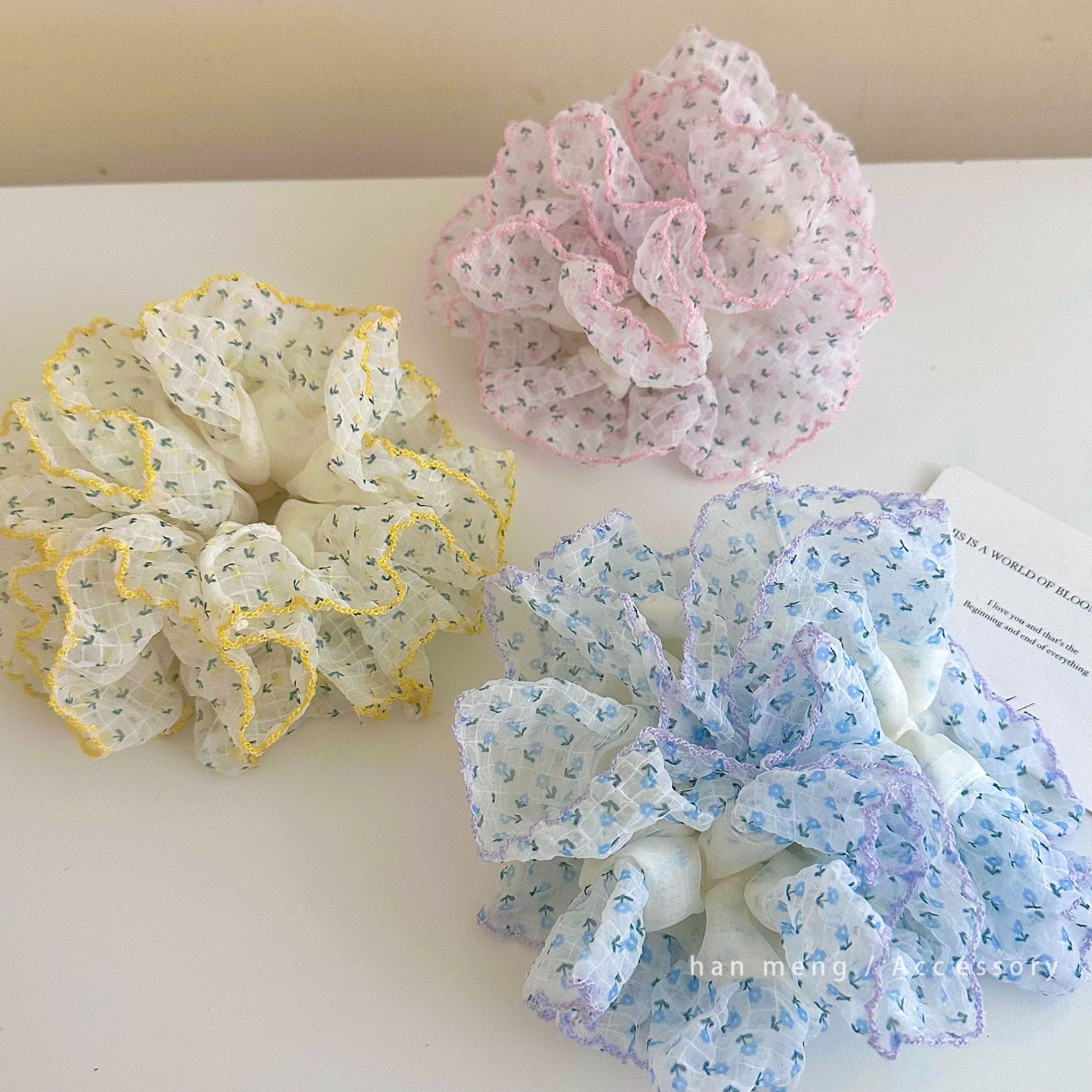 Women's Soft Lace Ponytail Hair Ties Sweet Ditsy Floral Color Collision