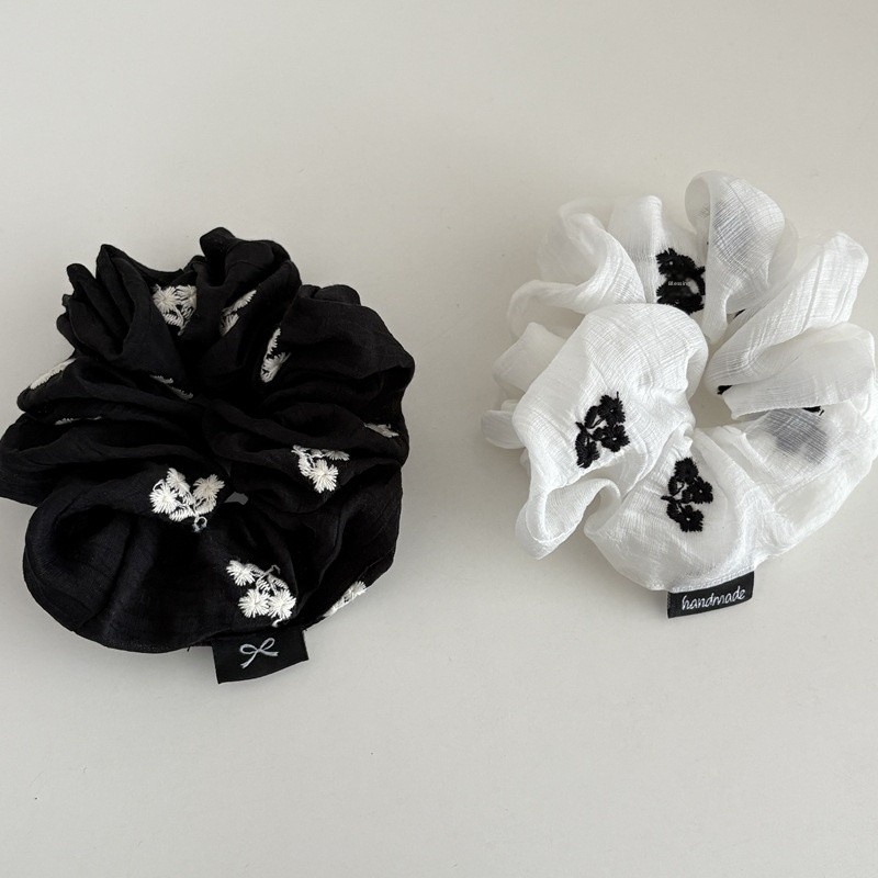Women's Spring Cloth Hair Tie Scrunchie Black Embroidered Floral