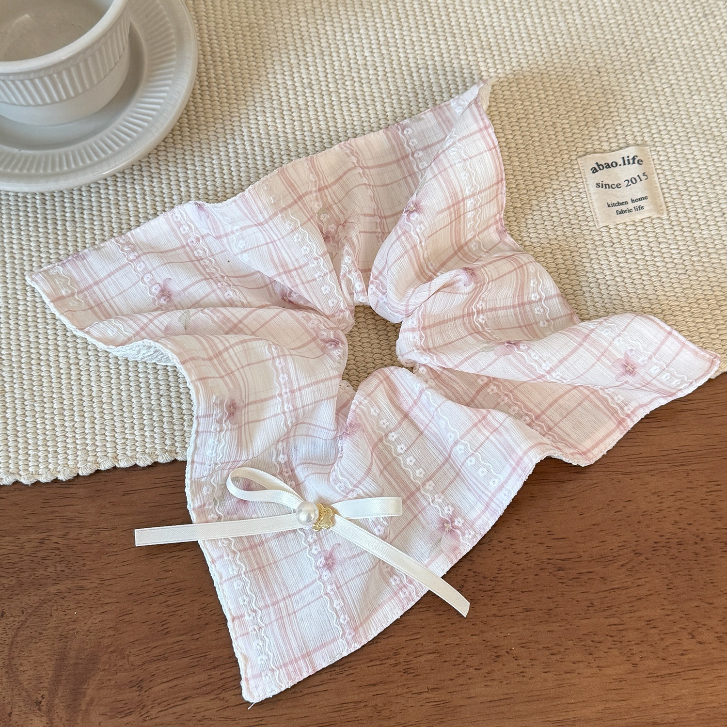 Women's Sweet Spring Summer Lace Bow Cloth Hair Tie Pink Blue Plaid