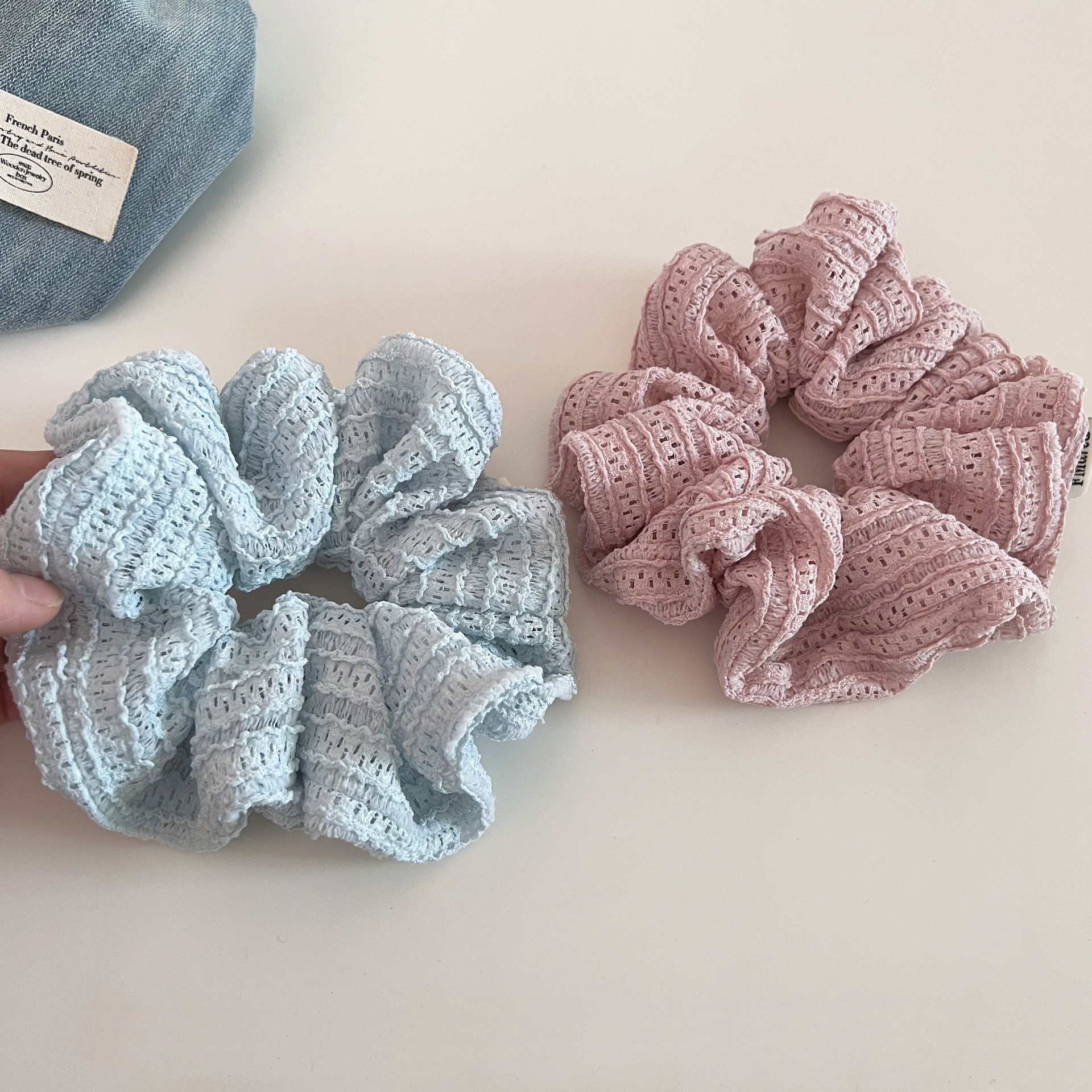 Women's Summer Fairy Lace Hollow Ball Hair Tie Solid Light Blue Pink